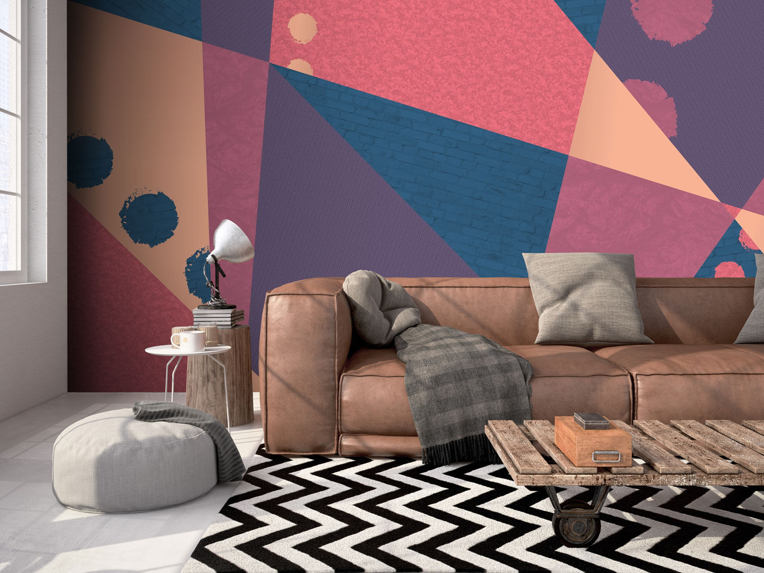 purple, red and orange abstract wallpaper in living room
