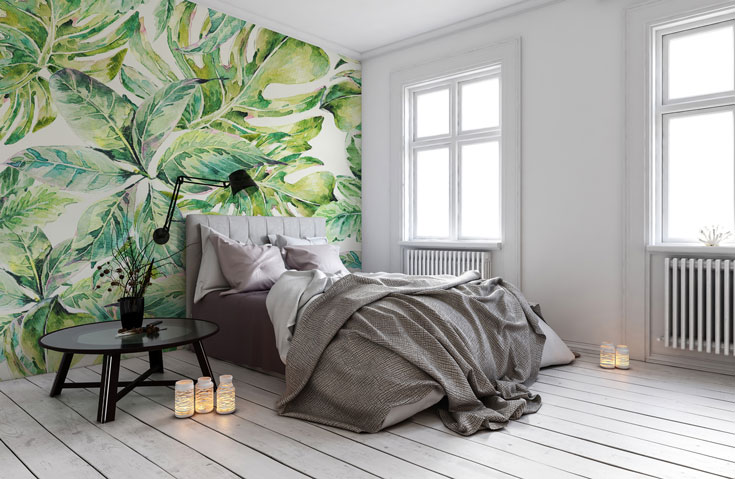 Tropical-leaf-print-wallpaper-in-bedroom