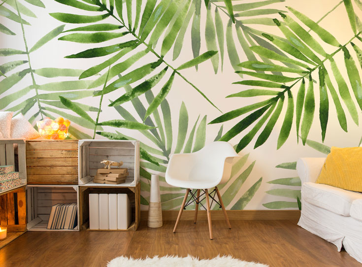 tropical leaf wallpaper in living room