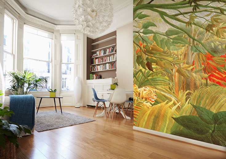 tropical themed Henri Rousseau wallpaper in living room
