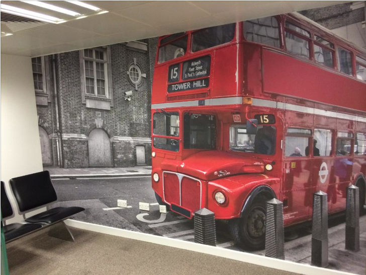 red bus wallpaper in waiting room