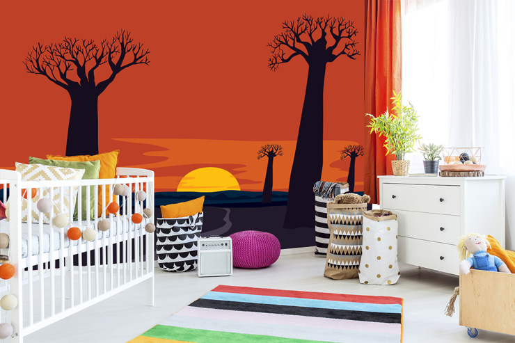 Colourful-trees-wall-murals-in-kids-bedroom