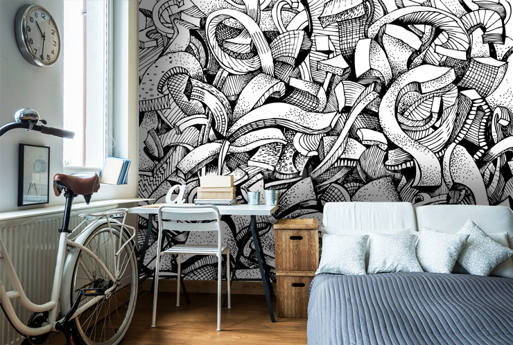 Black-and-white-graffiti-wallpaper-in-boys-bedroom