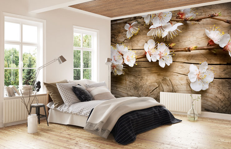 Cherry-blossom-on-wood-panels-in-bedroom