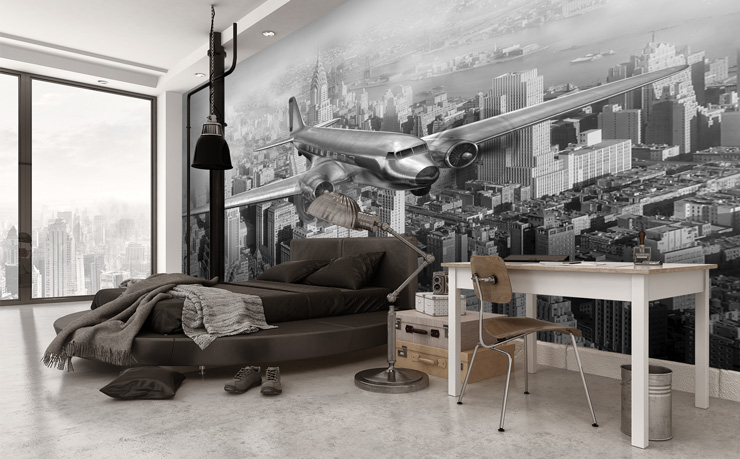 New-York-Plane-Wallpaper-in-Grey-Bedroom
