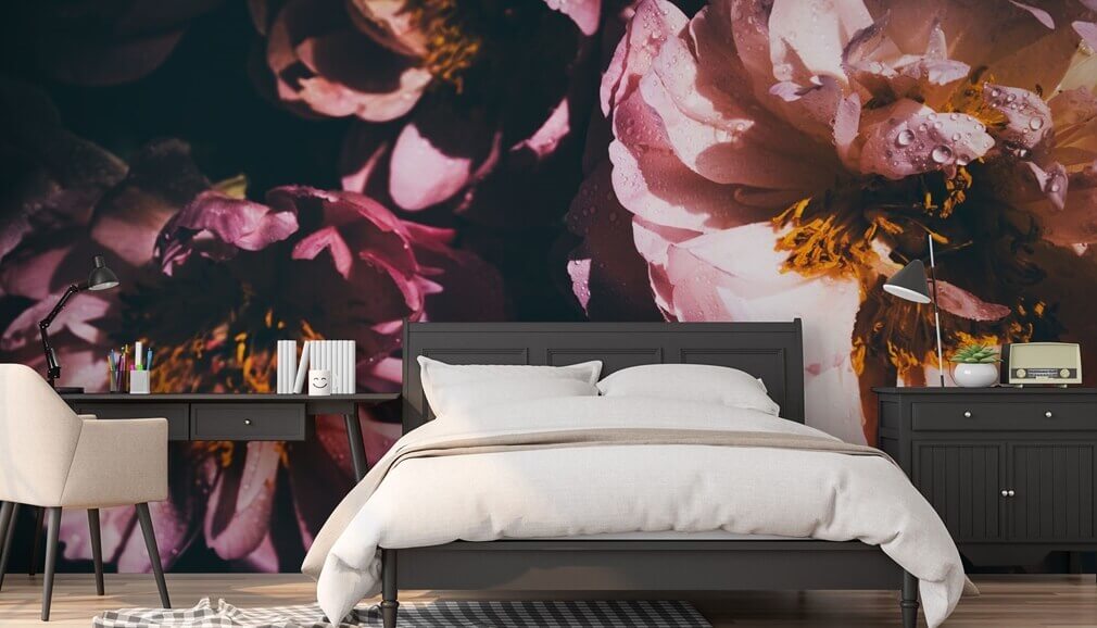 purple floral wallpaper in bedroom