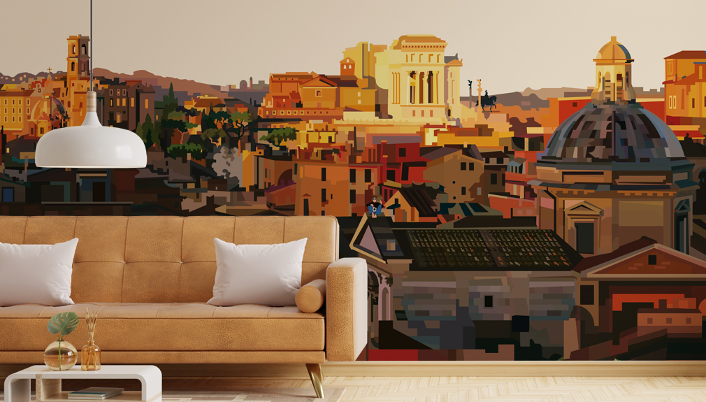 illustrated Rome mural in living room