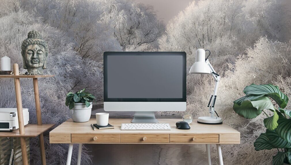 white forest wall mural in home office
