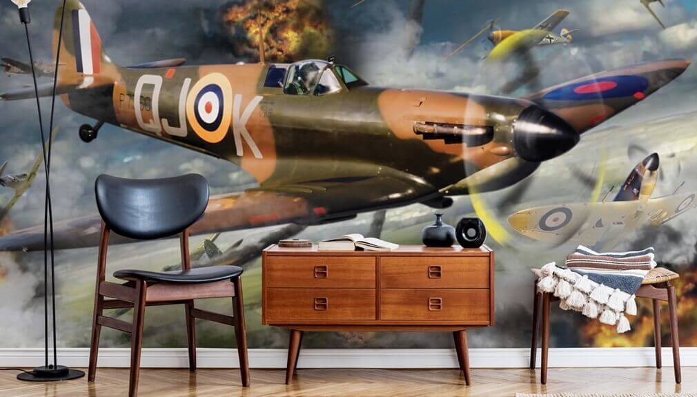 airplane mural in living room