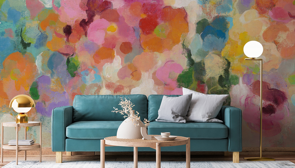 bright floral wallpaper in living room