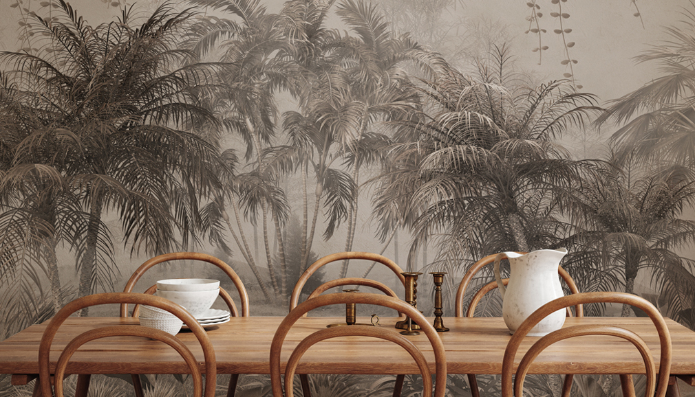 vintage jungle wall mural in dining room