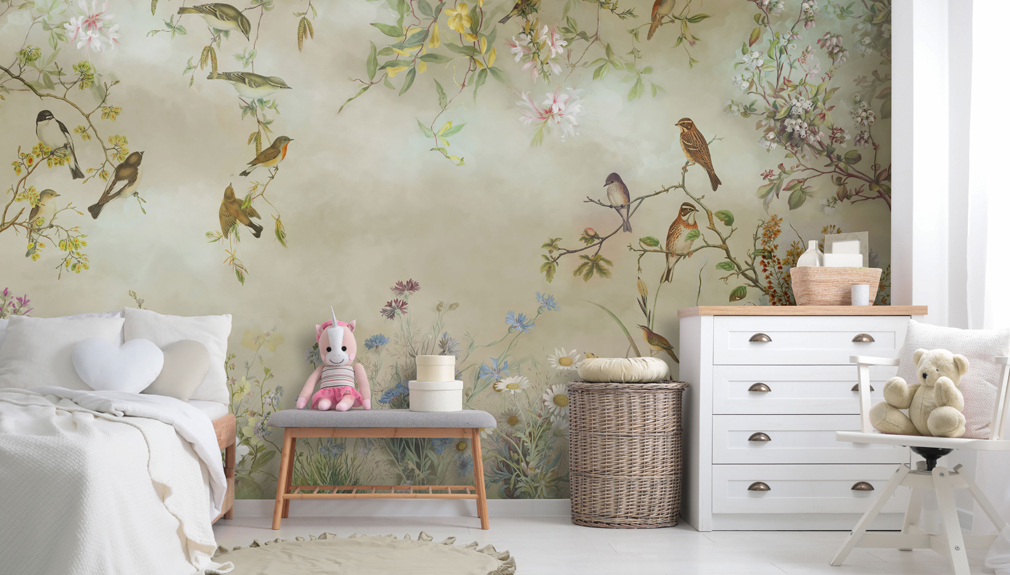 meadow with birds wallpaper in bedroom