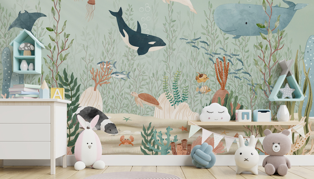 cute fish wallpaper in boys nursery bedroom