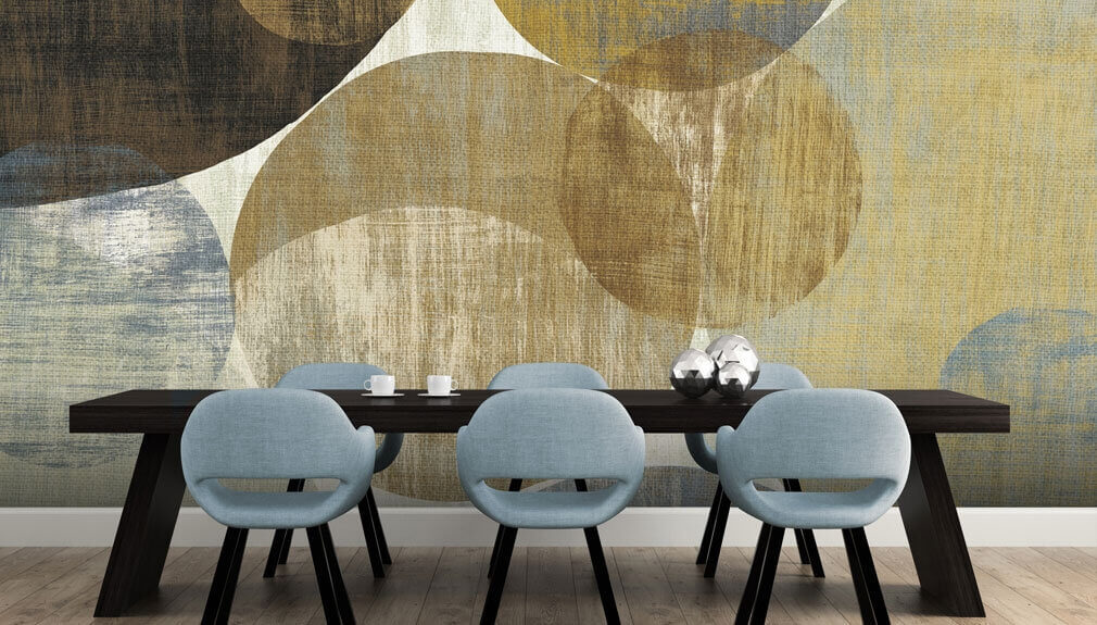 neutral circle wallpaper in dining room