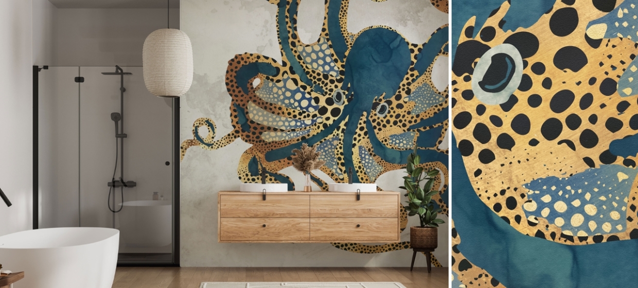 peinture murale en forme de poulpe dans la salle de bain