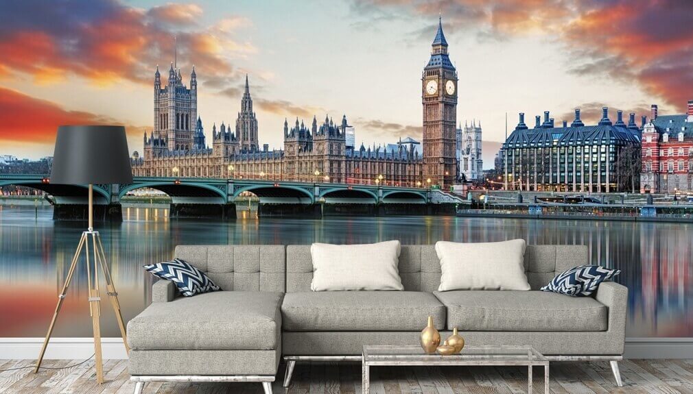 London wallpaper with grey sofa