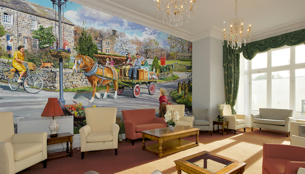 peinture murale représentant un cheval et une charrette dans le salon d'une maison de retraite