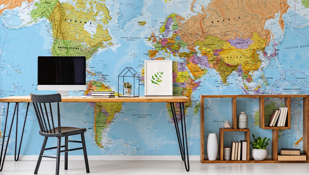 world map wallpaper in office