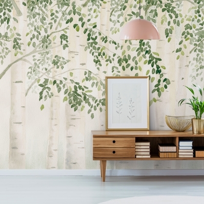 papel pintado de árboles en la sala de estar escandinava