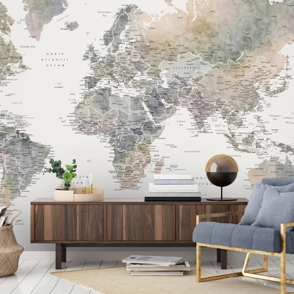 world map wallpaper in living room
