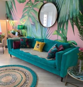 pink and green jungle mural in colourful living room pink and green jungle mural in colourful living room