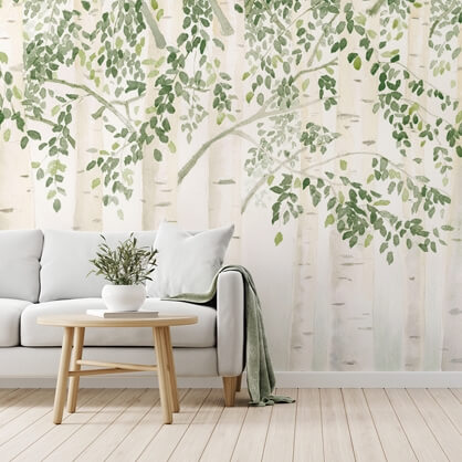 leafy green birch tree wallpaper in living room