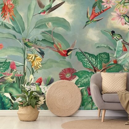 tropical wallpaper in living room