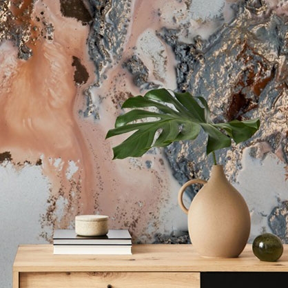 pink and grey abstract wall mural by Petra Meikle de Vlas in a living room
