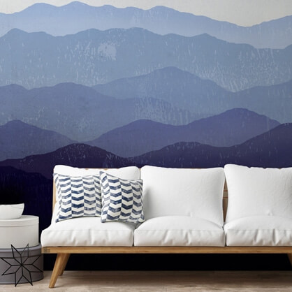 blue mountain mural in living room