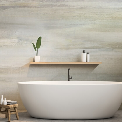 neutral abstract mural in bathroom