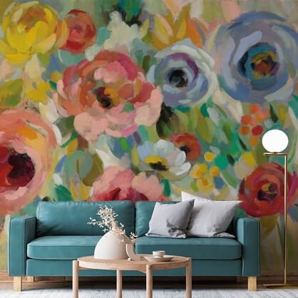 vibrant floral mural in living room