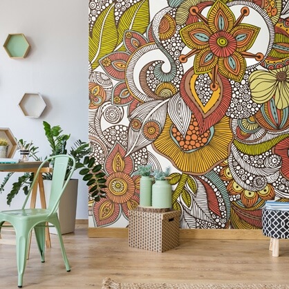 orange pattern wallpaper in home office