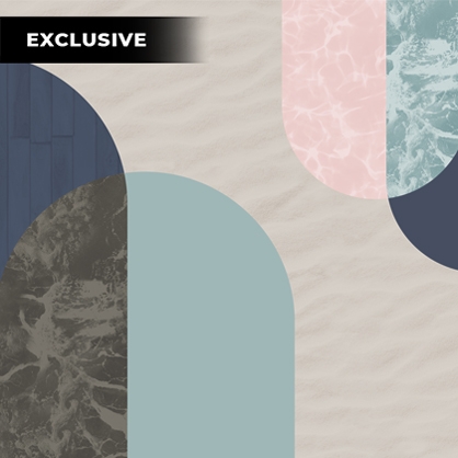 pastel blue and pink shape wallpaper in blue living room