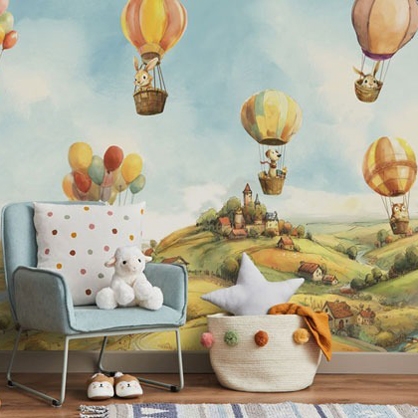 hot air balloon wall mural in a child's nursery 