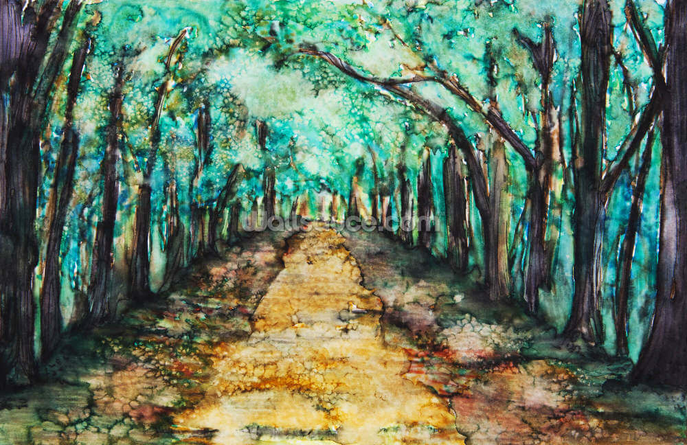 Watercolour Of A Path Lined With Trees Wall Mural Wallsauce Us
