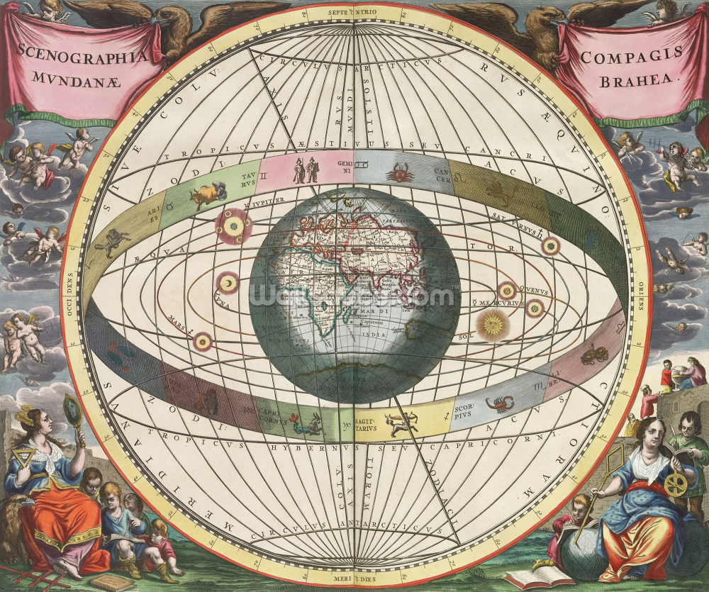 astronomische muurschildering op maat genaamd Scenography of the World's Construction voor thuiskantoren