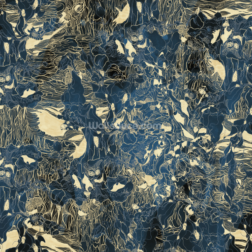 peinture murale abstraite personnalisée bleue et dorée appelée Mystic Forest Reflections par Giulio Iurissevich pour les chambres et les salles de bain