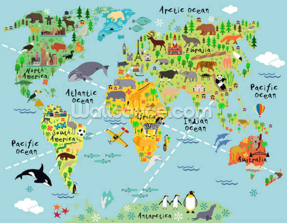 Cartoon World Map with Animals Metal Prints | Wallsauce UK