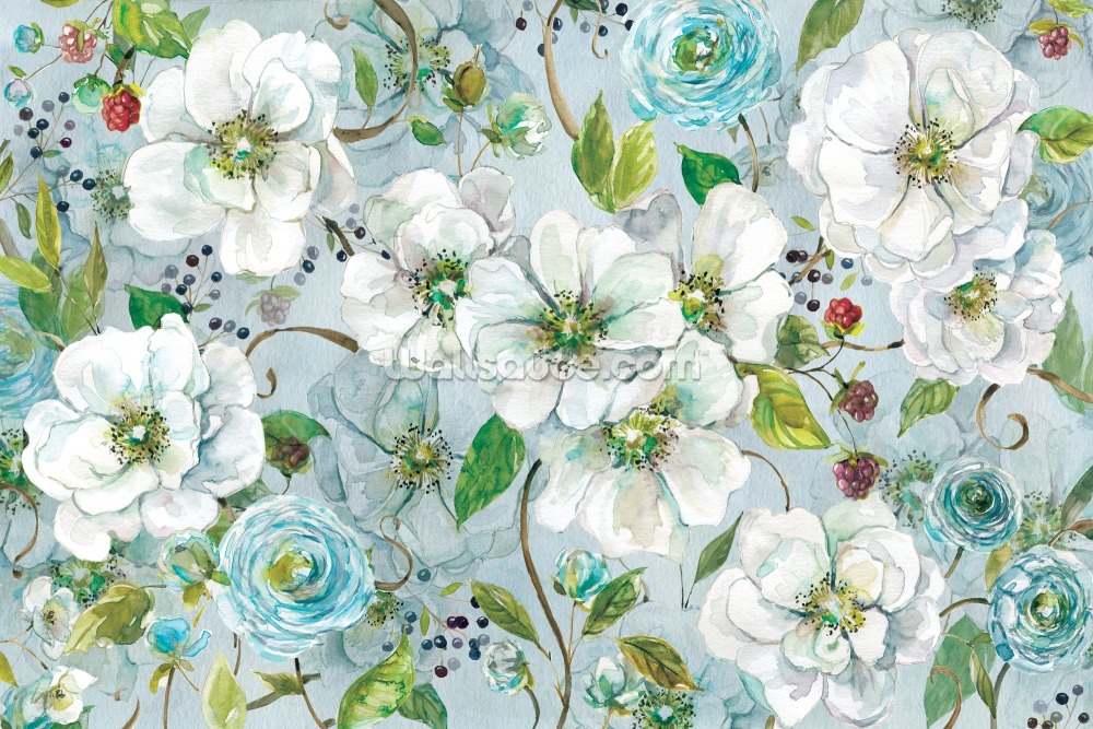 Witte roos en ranunculus muurschildering Witte roos en ranunculus muurschildering