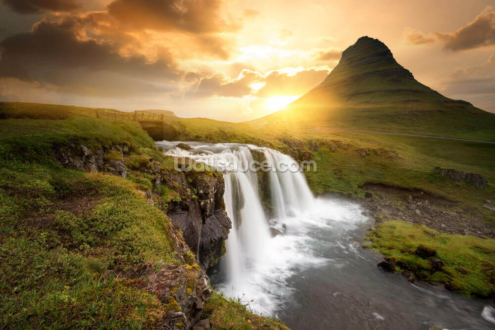 Icelandic Waterfall Sunset Wallpaper Wallsauce Us