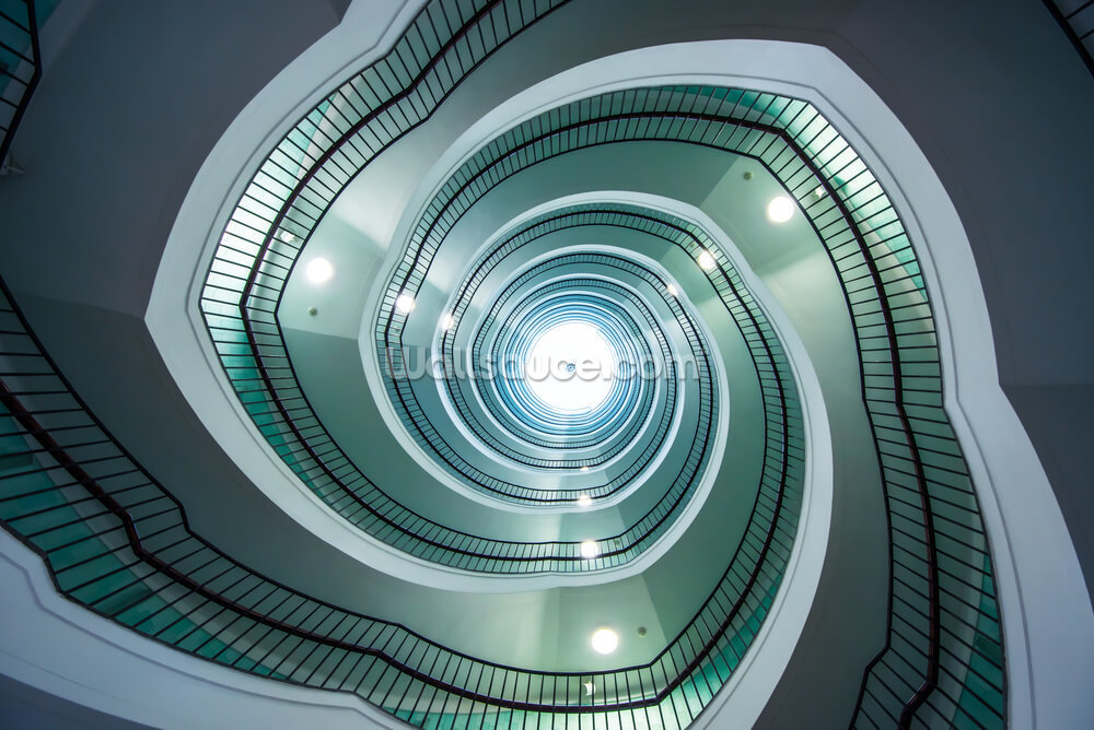 off-white and green shade stairway tunnel wallpaper