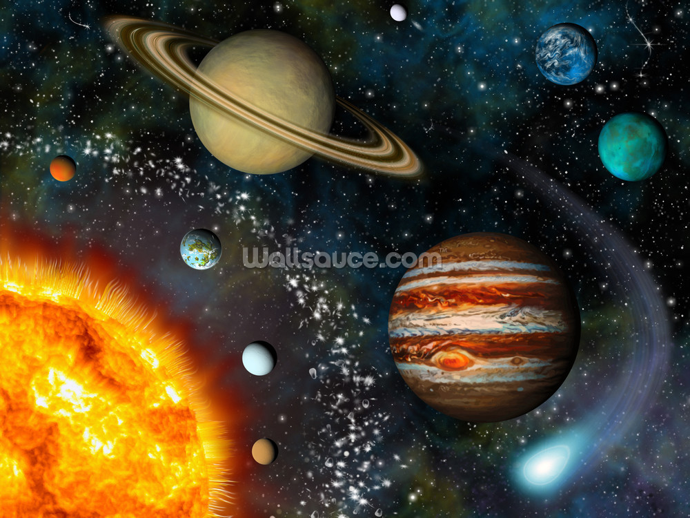 papier peint mural coloré personnalisable appelé 3D Solar System pour chambre d'enfant