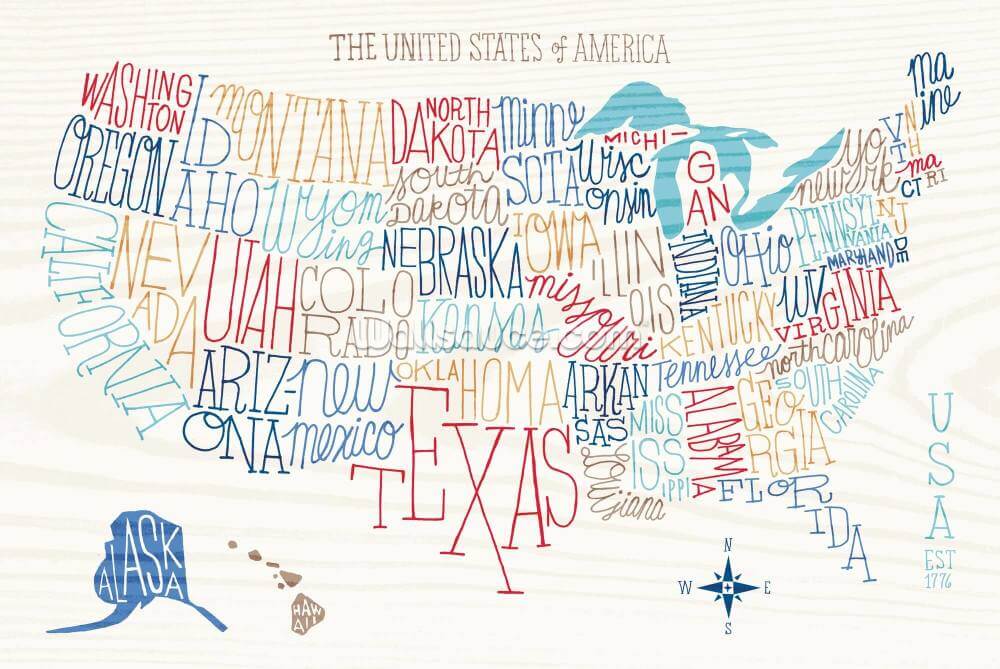 Hand Lettered Usa Map Wall Mural Wallsauce Uk