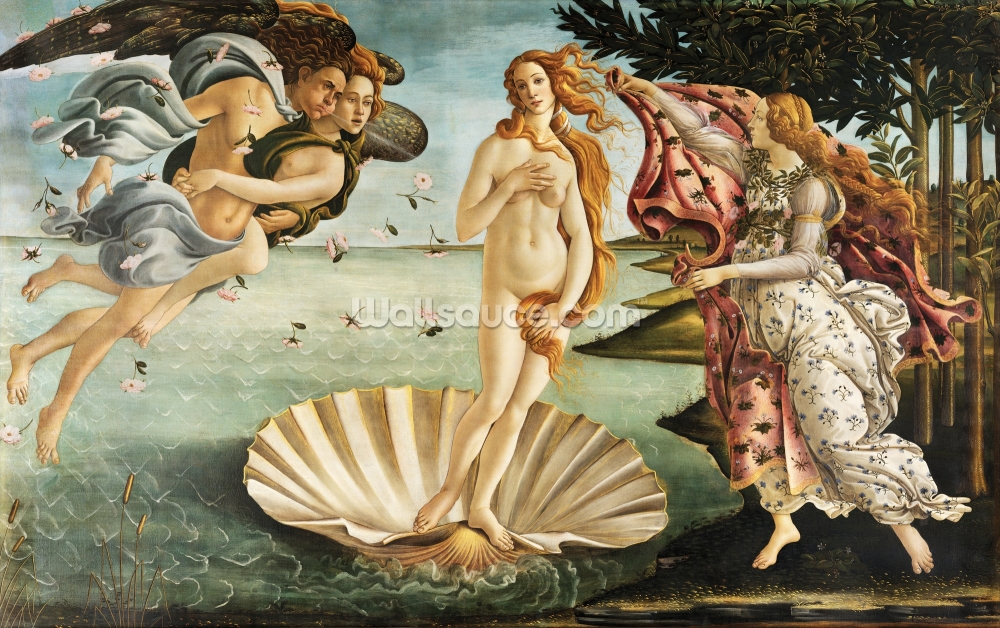 fine art behangmuurschildering genaamd The Birth of Venus van Botticelli voor plafonds, badkamers en slaapkamers fine art behangmuurschildering genaamd The Birth of Venus van Botticelli voor plafonds, badkamers en slaapkamers