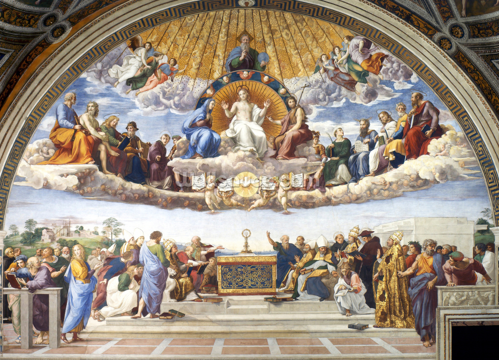 fine art wallpaper mural called Disputation of the Holy Sacrament by Raphael for homes and businesses