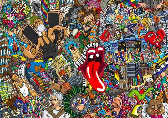 Music Collage on a Brick Wall