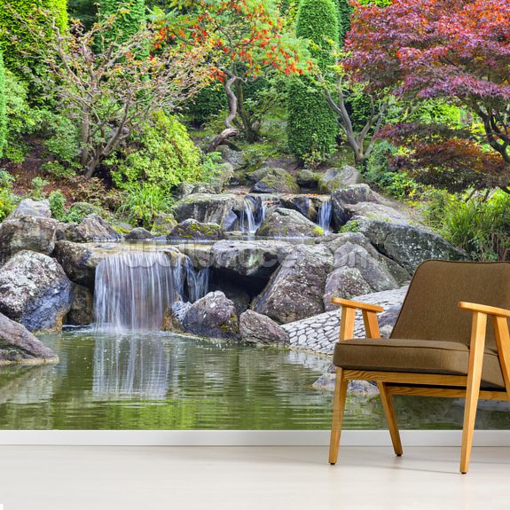 Cascade Waterfall in Japanese Garden Wall Mural Wallsauce US