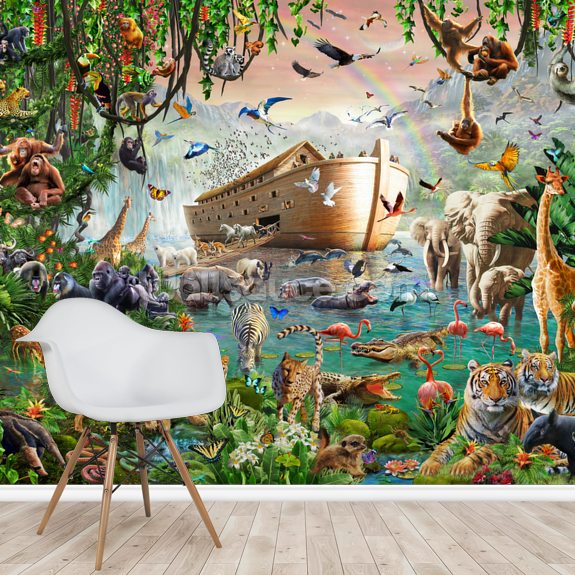 JP London SPMURLT2064 Prepasted Removable Wall Mural Noahs Ark Animal Friends at 3 Wide by 2 High