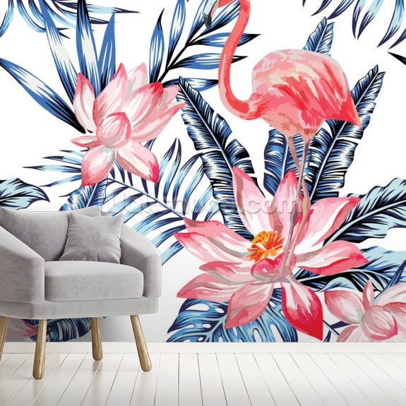 Blue Palm Flamingos Wallpaper Mural Wallsauce US