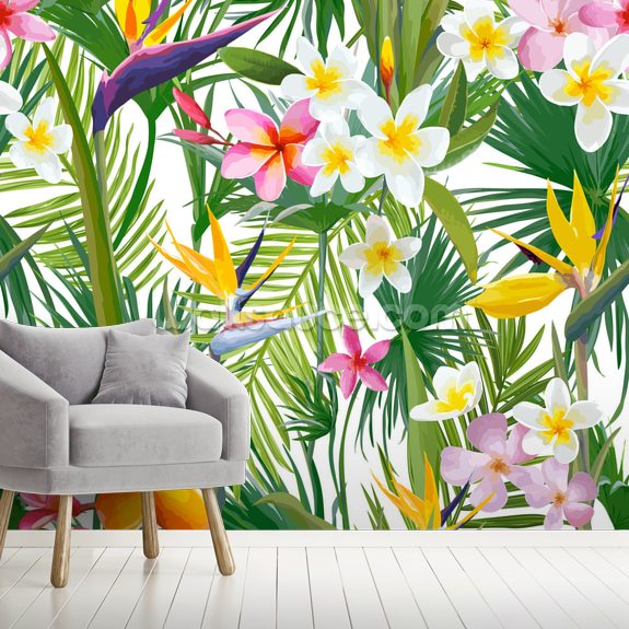 Wall Painting With Tropical Trees And Flowers